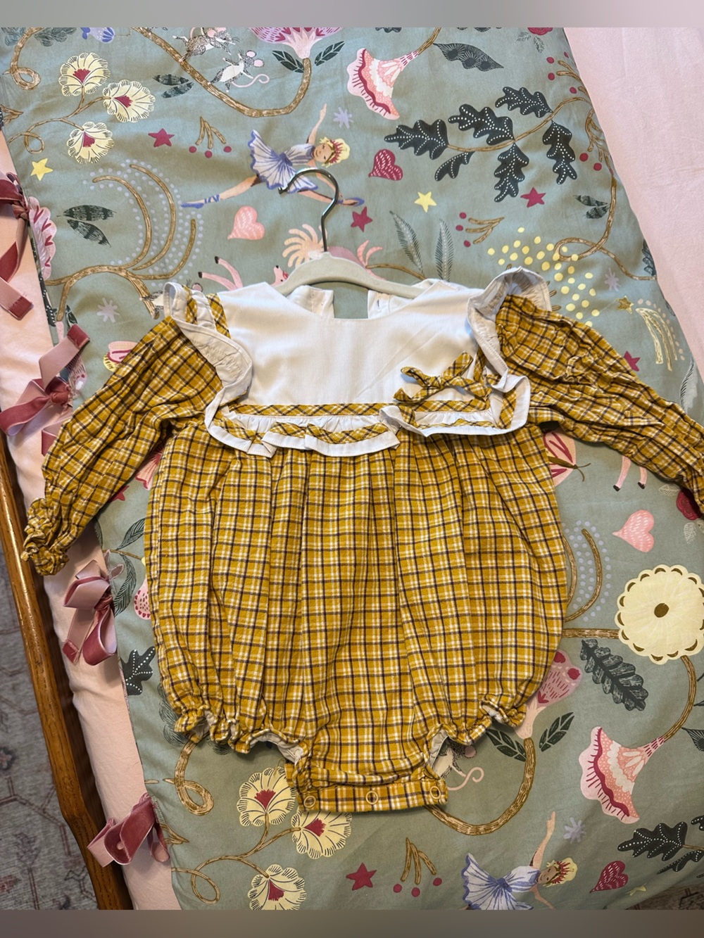 18M Smockingbird'Mustard Plaid Ruffled One-Piece Bubble